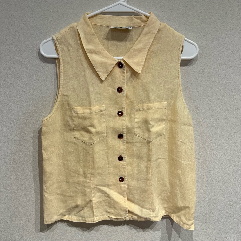 Kiko Sleeveless Butter Yellow Button-Down‎ Shirt 100% Linen Size S/M
